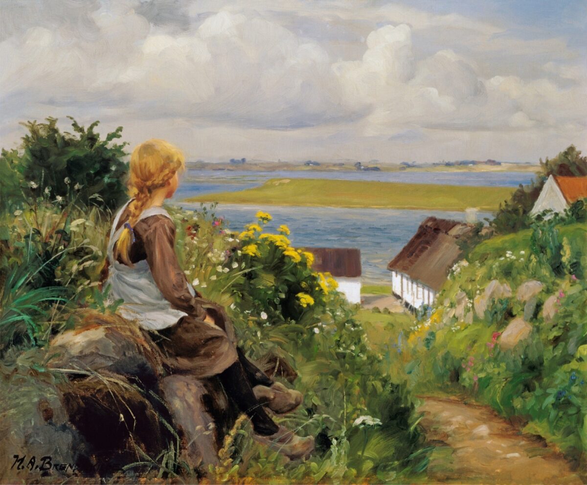 paining of a young girl outside on a hillside.