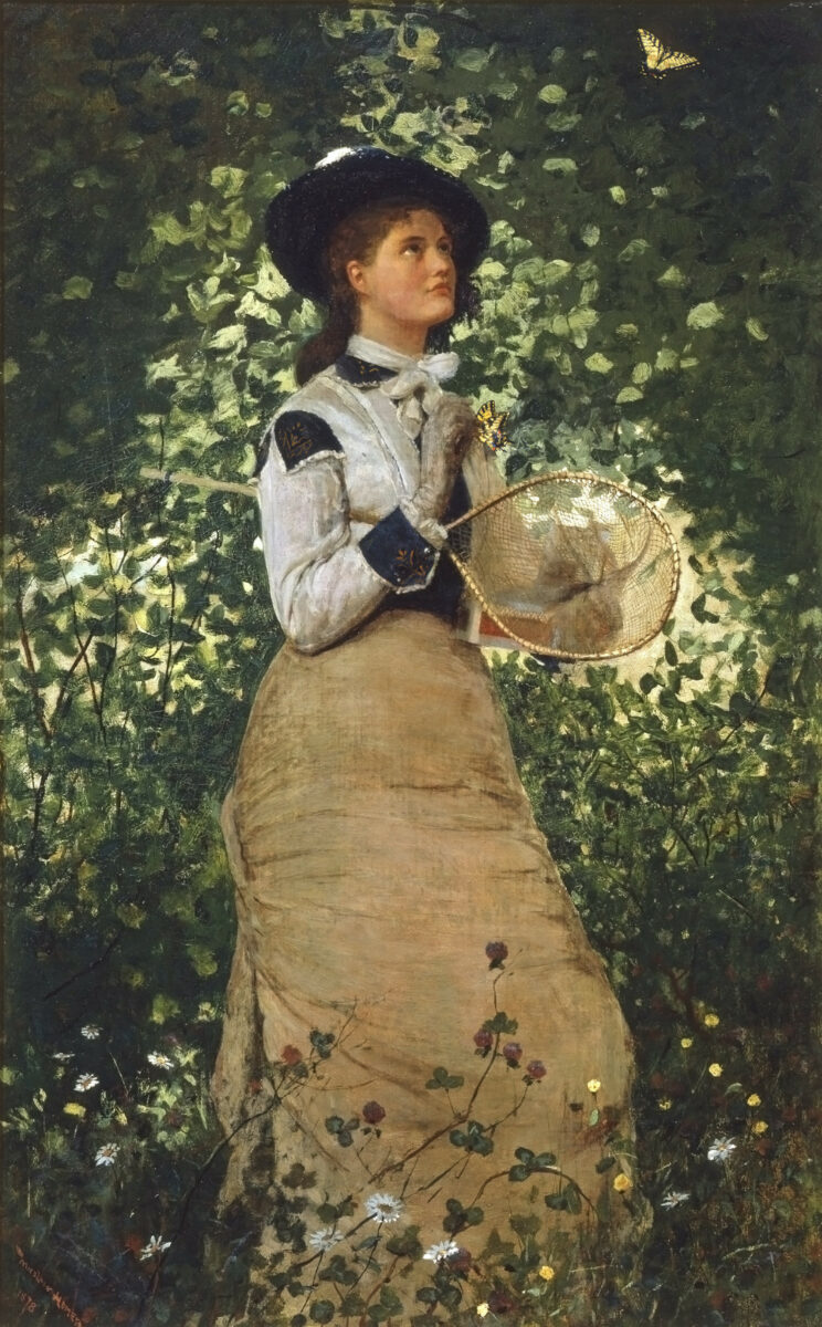 painting of a lady catching a butterfly. 