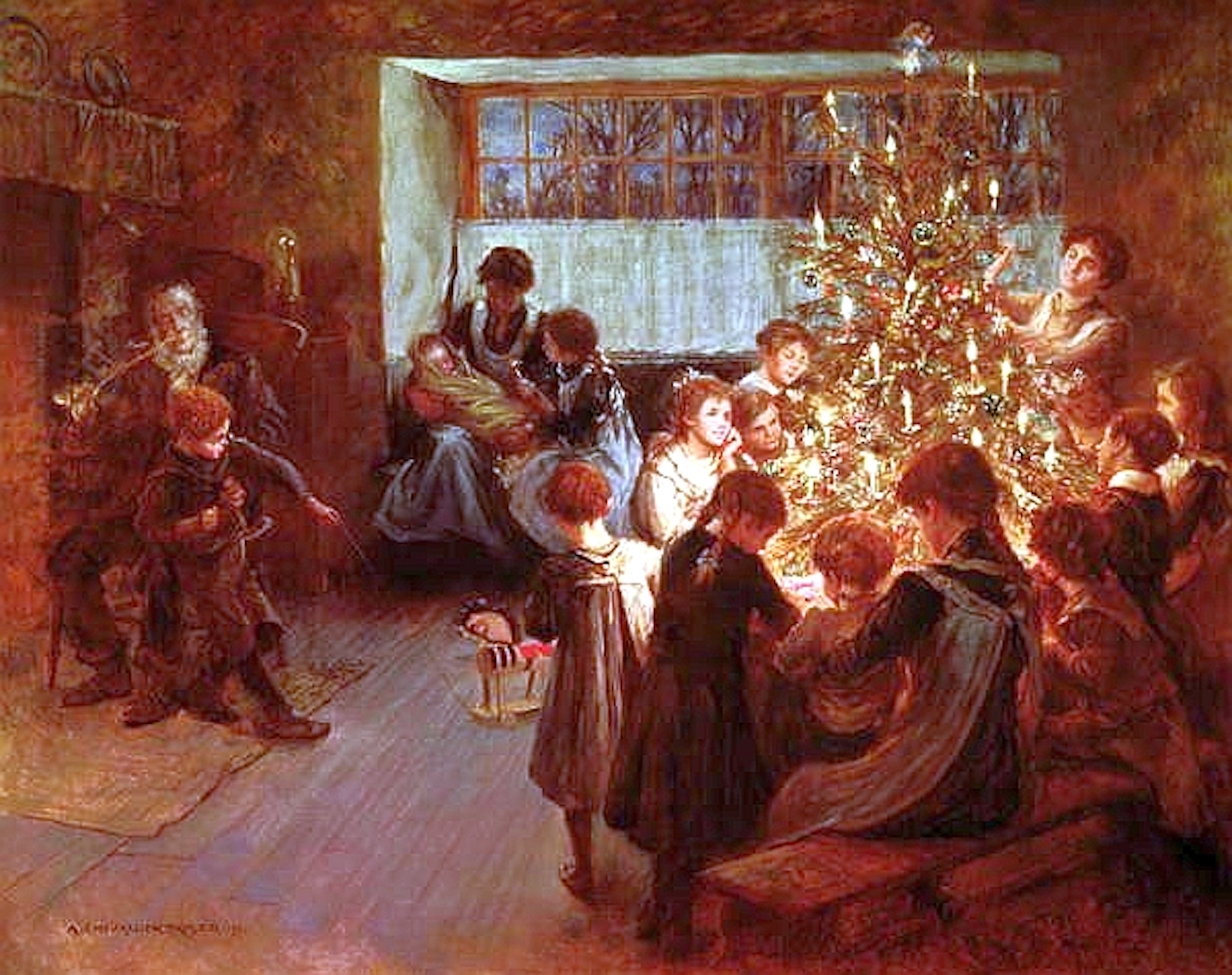 painting of a family gathered together around a Christmas tree. 