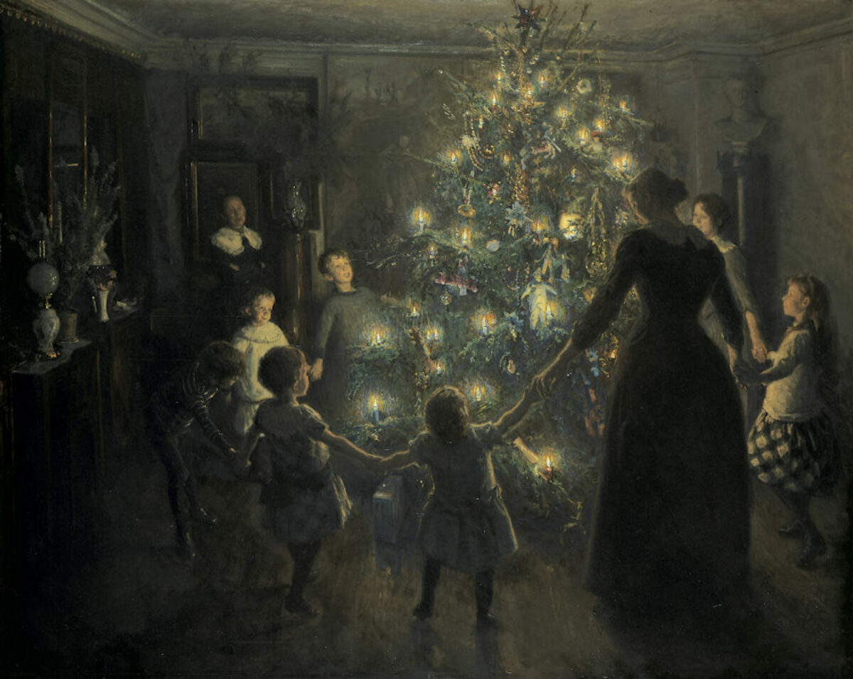 Painting of a family gathered around the Christmas tree while holding hands. 