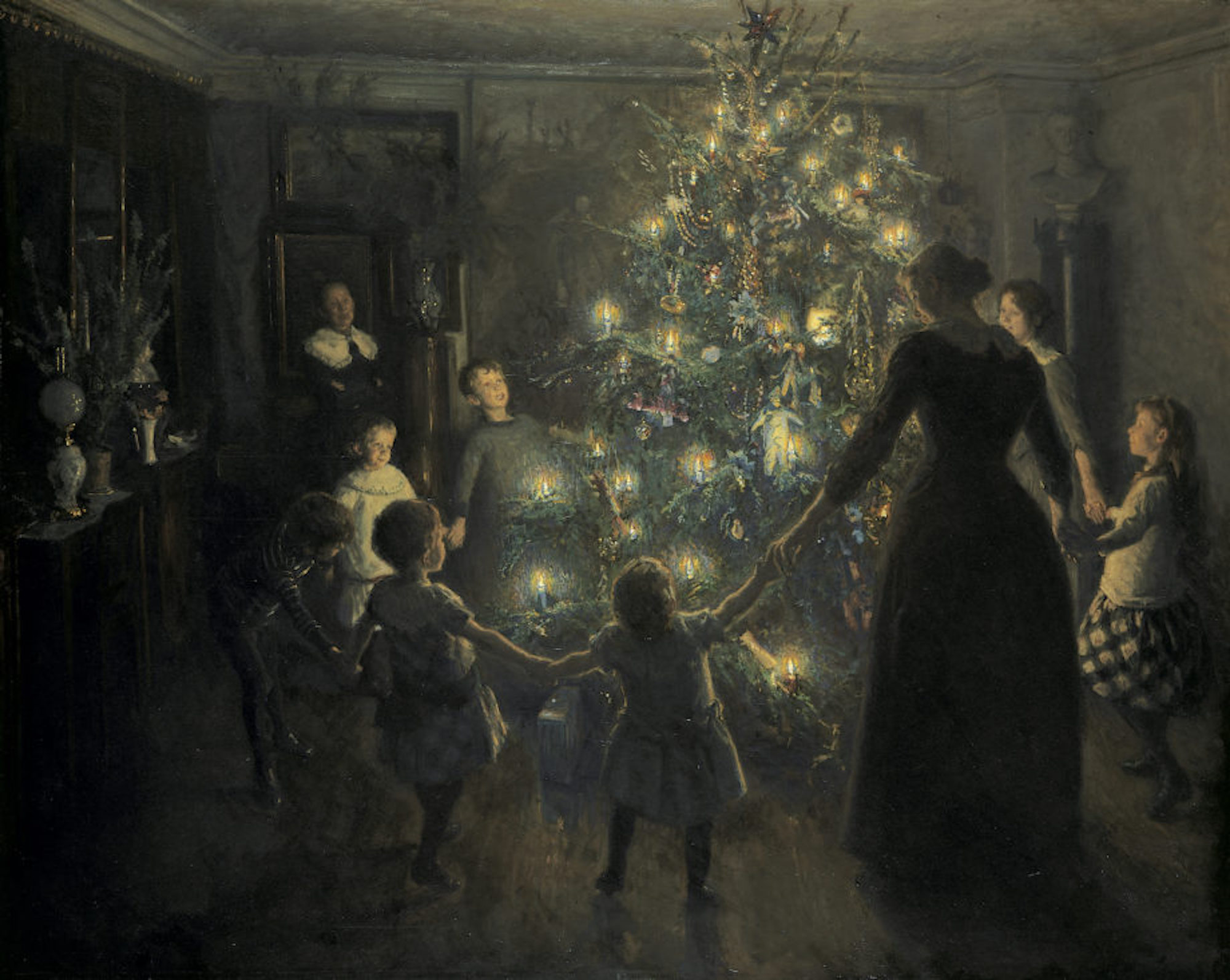 Painting of a family gathered around the Christmas tree while holding hands.