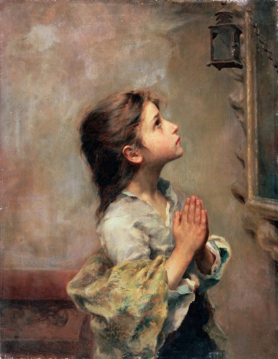 painting of a little girl kneeling in prayer.