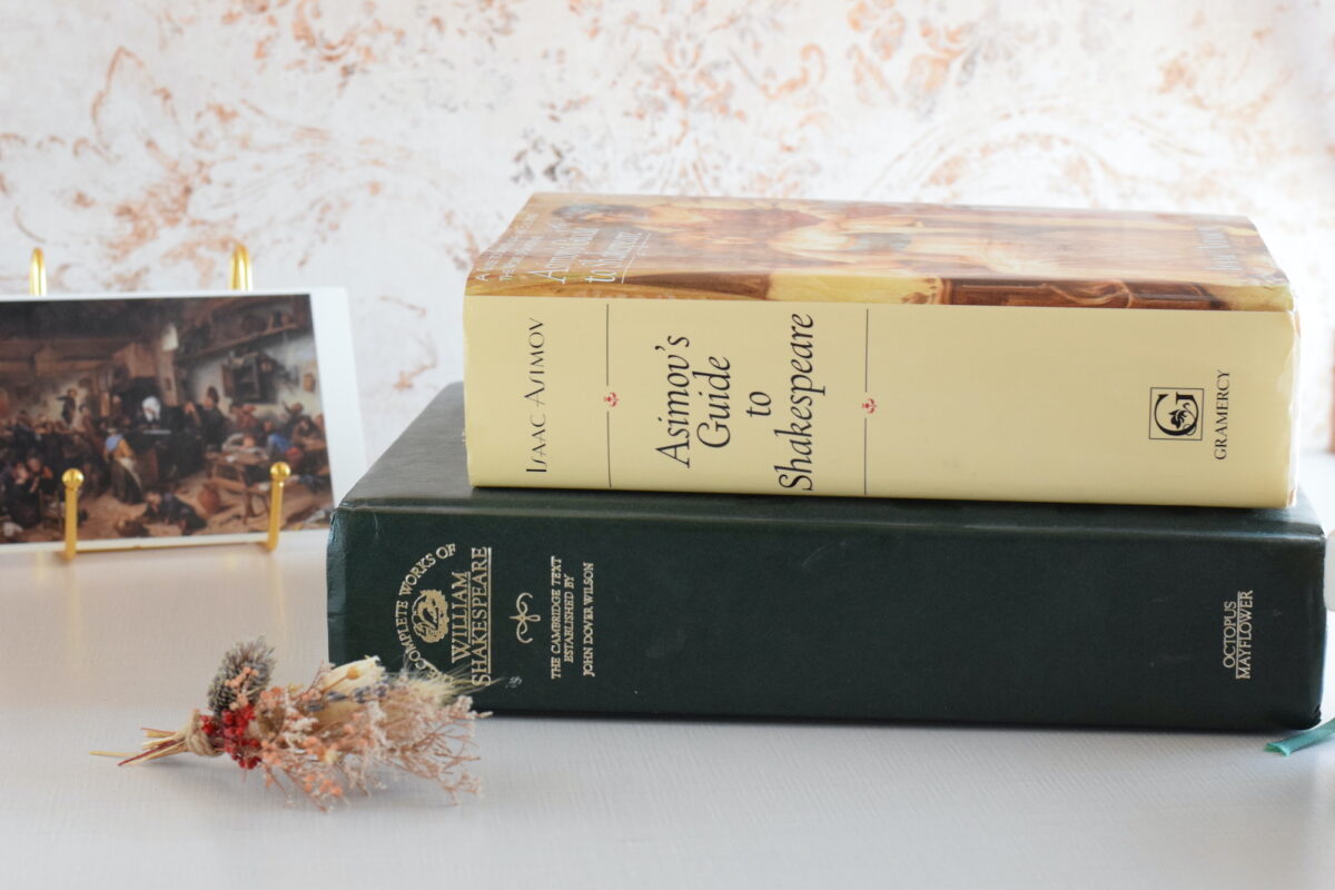 Stack of Shakespeare books on a table. 