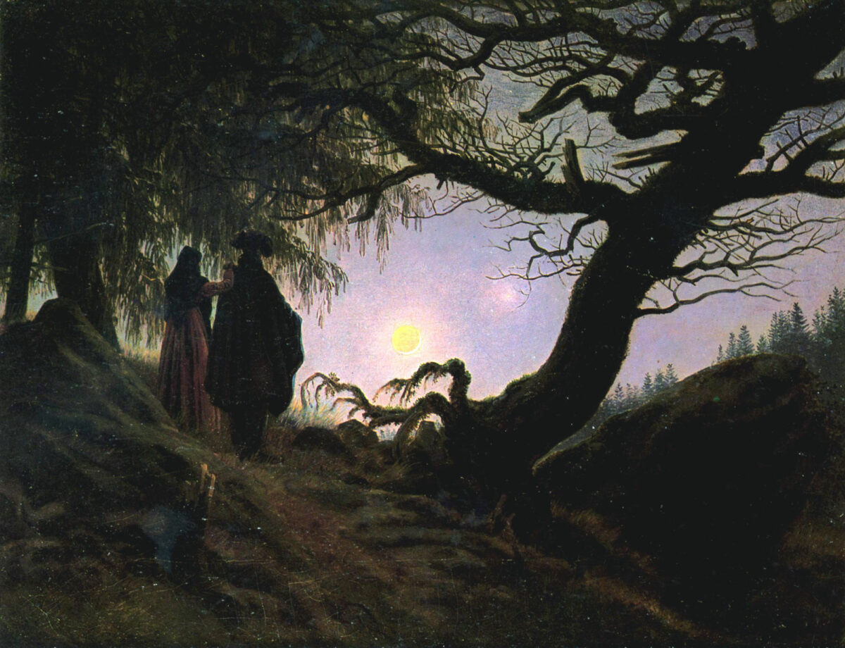 Painting of man and woman contemplating the moon. 