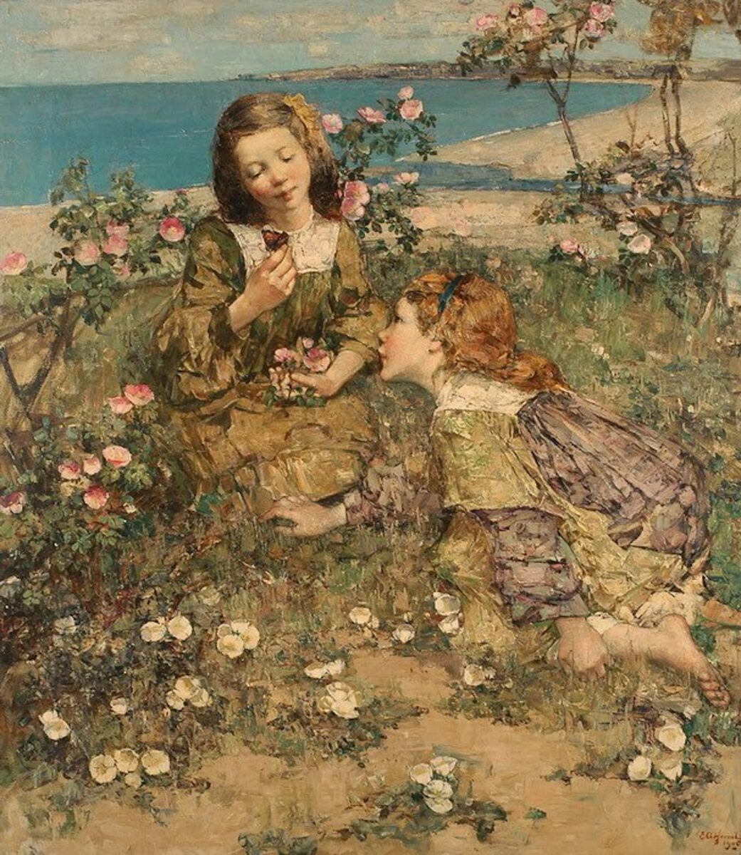 painting of two girls in wonder of flowers. 