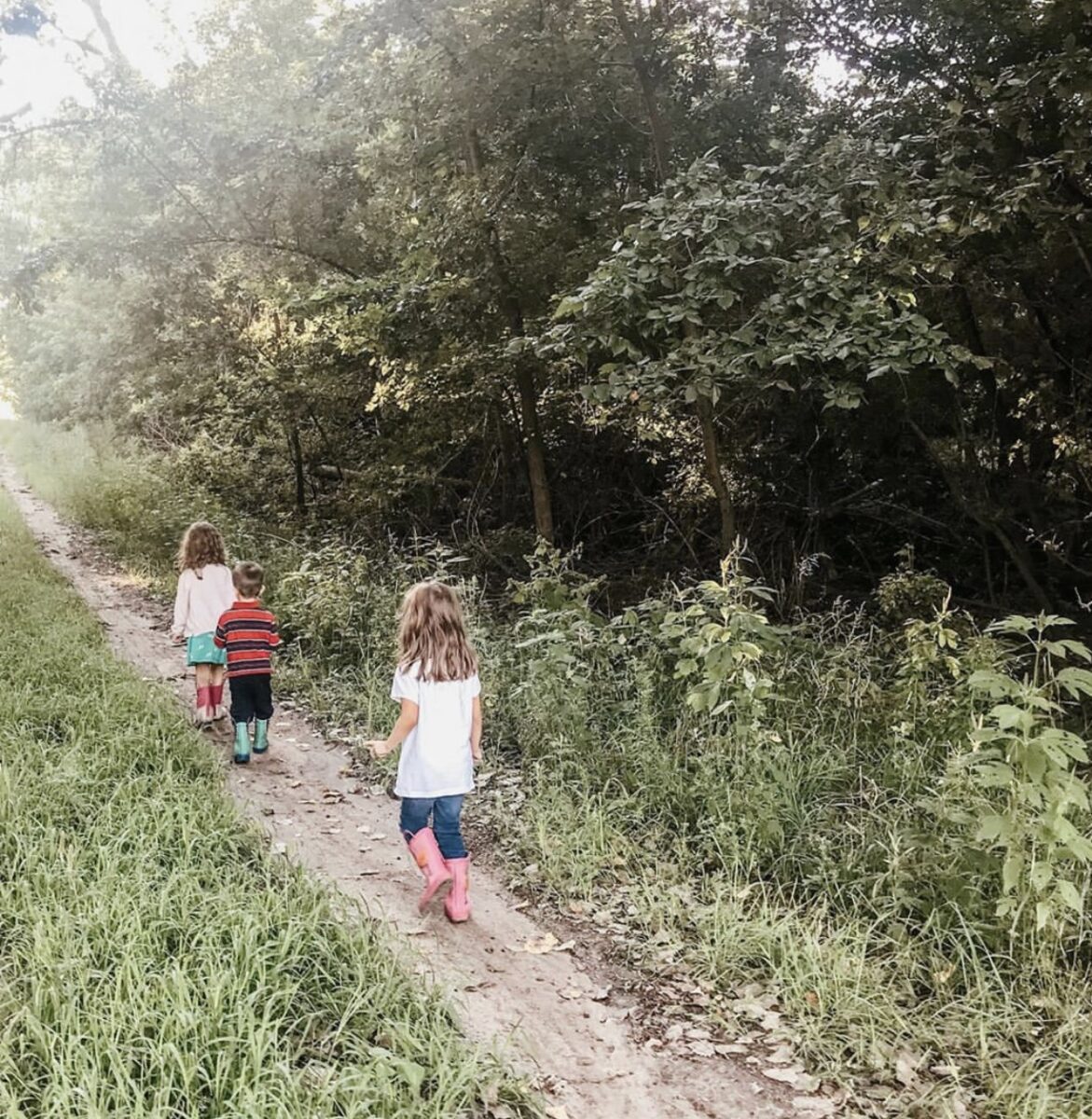 children walking on a trail in the country. 