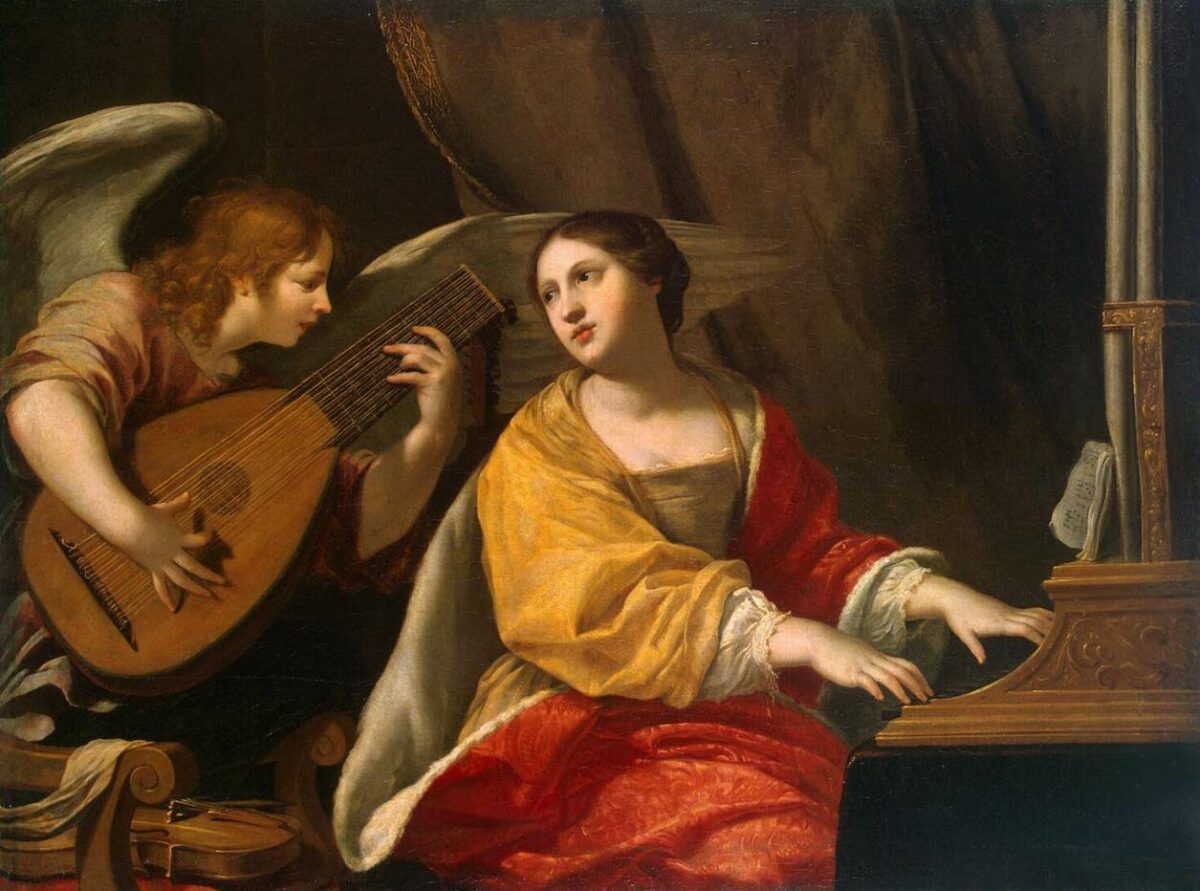 painting of st Cecilia at the piano with an angel. 