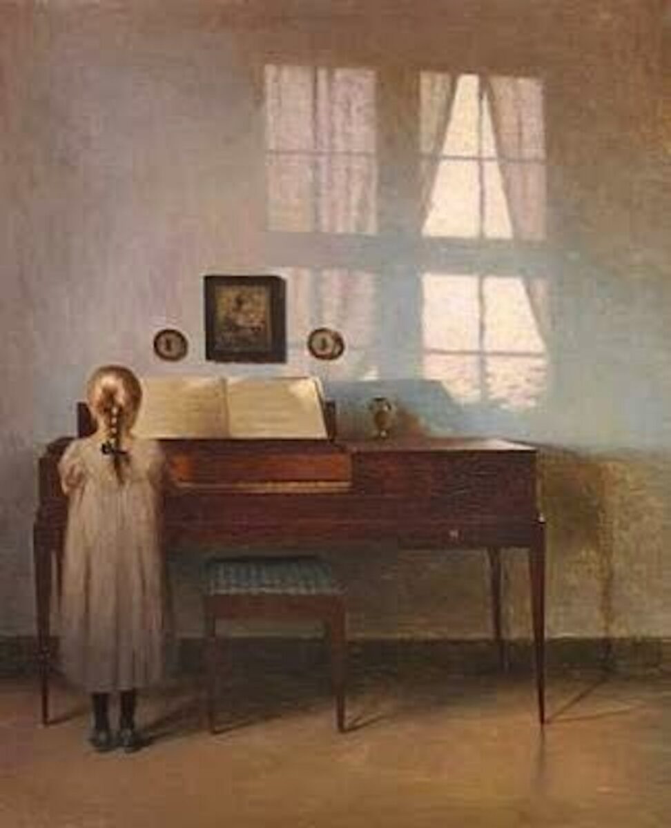 Painting of little girl at the piano by Peter Ilsted.