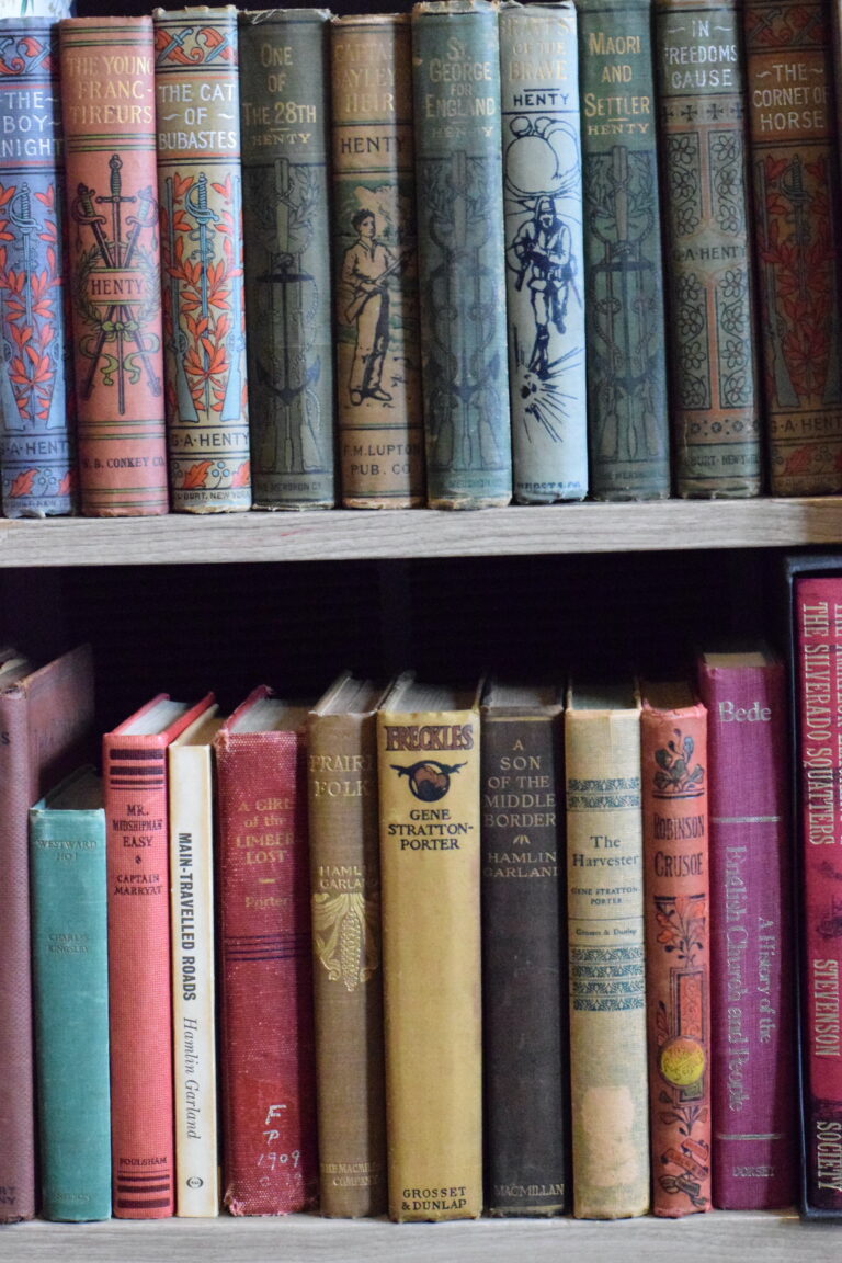 Vintage children’s books in hardcovers on a bookshelf.