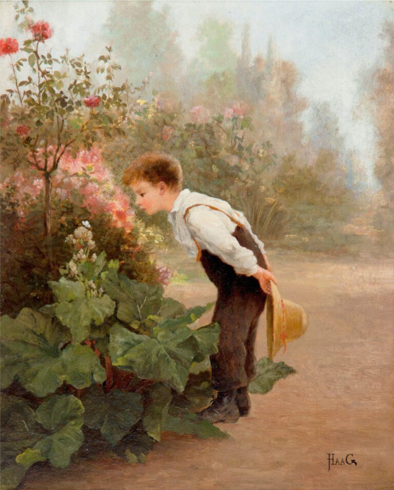 painting of a little boy sniffing flowers.