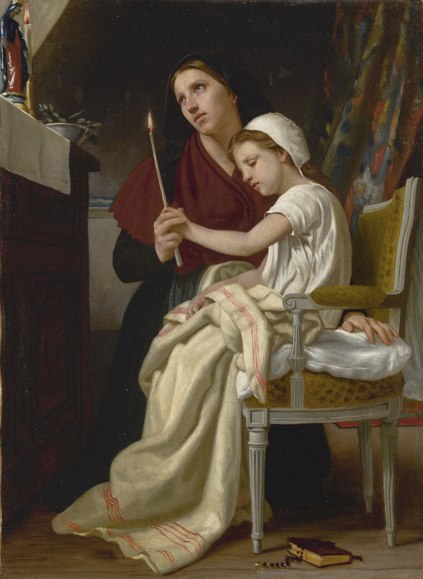 painting of a mother and daughter praying.