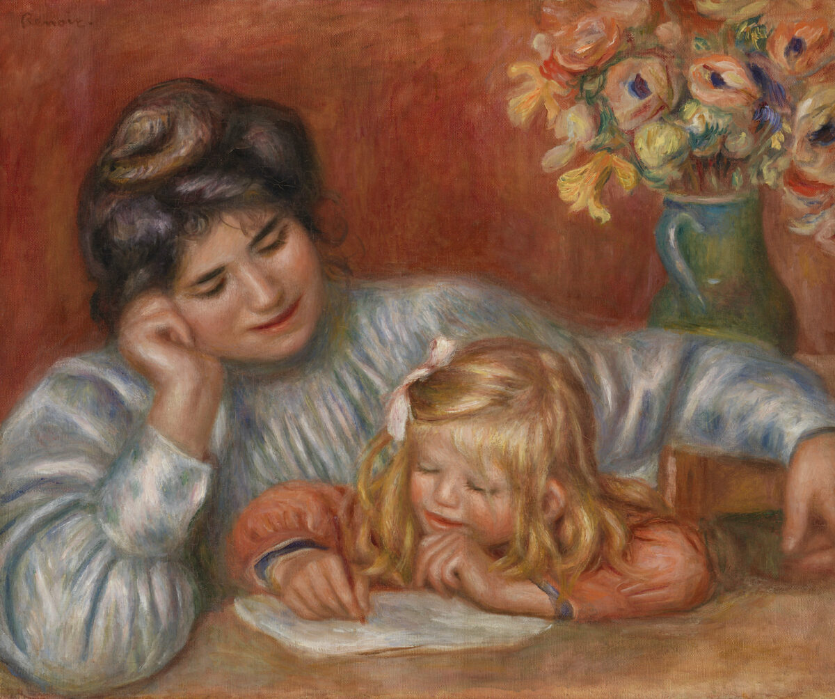 Painting by Renoir of a mother and child doing a dictation lesson.