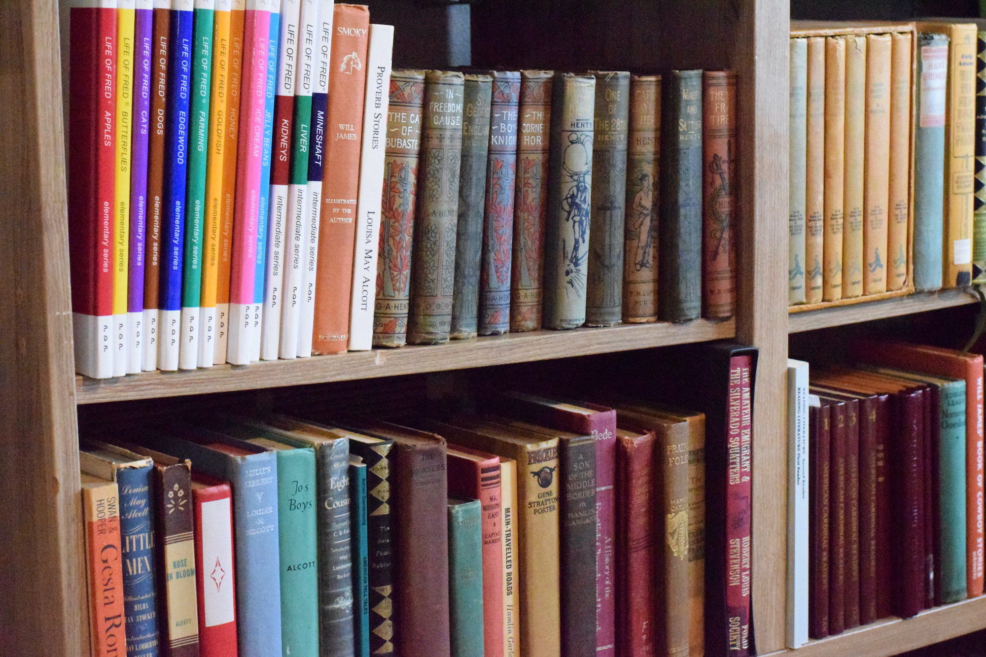 school books and other vintage books on a book shelf.
