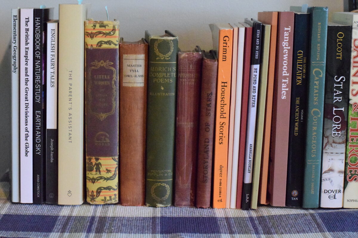 variety of school books stacked on top of a bookshelf. 