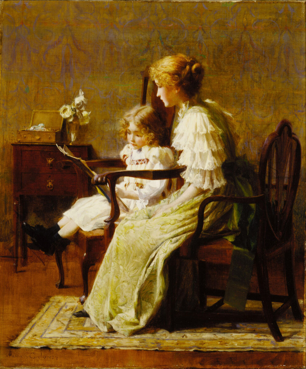 painting by Francis Coates Jones of a mother and daughter reading together. 
