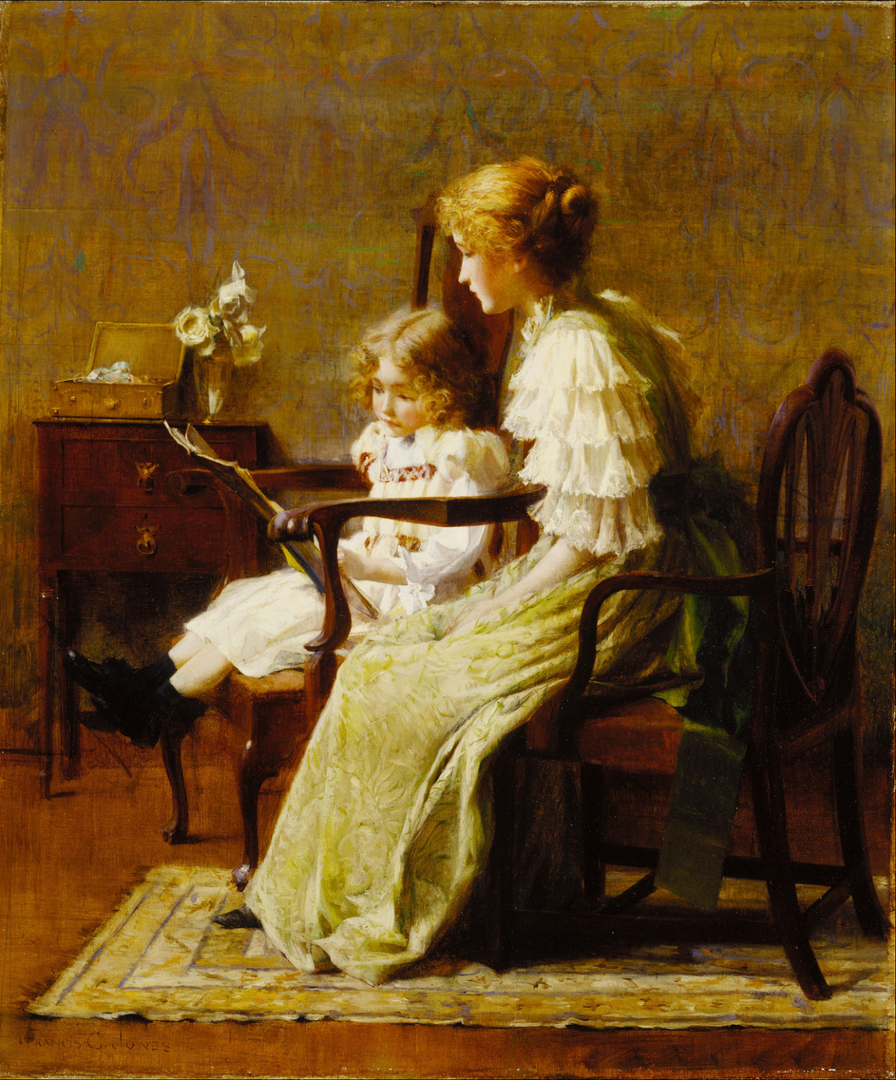 painting by Francis Coates Jones of a mother and daughter reading together.