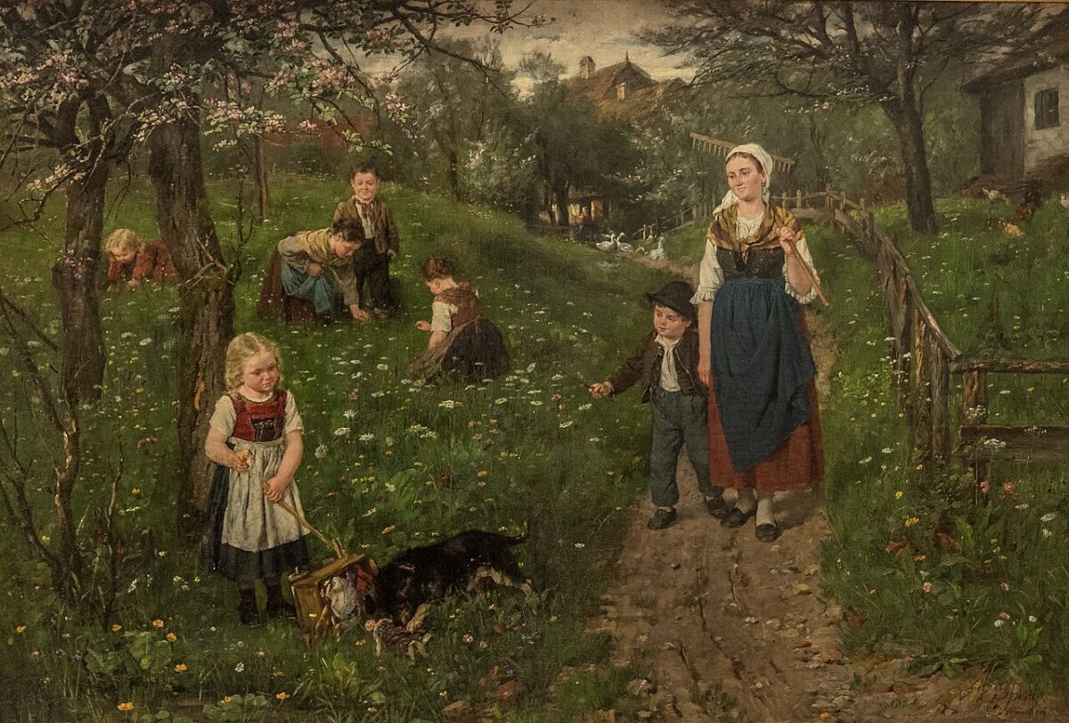 painting of a family outside and gathering flowers. 