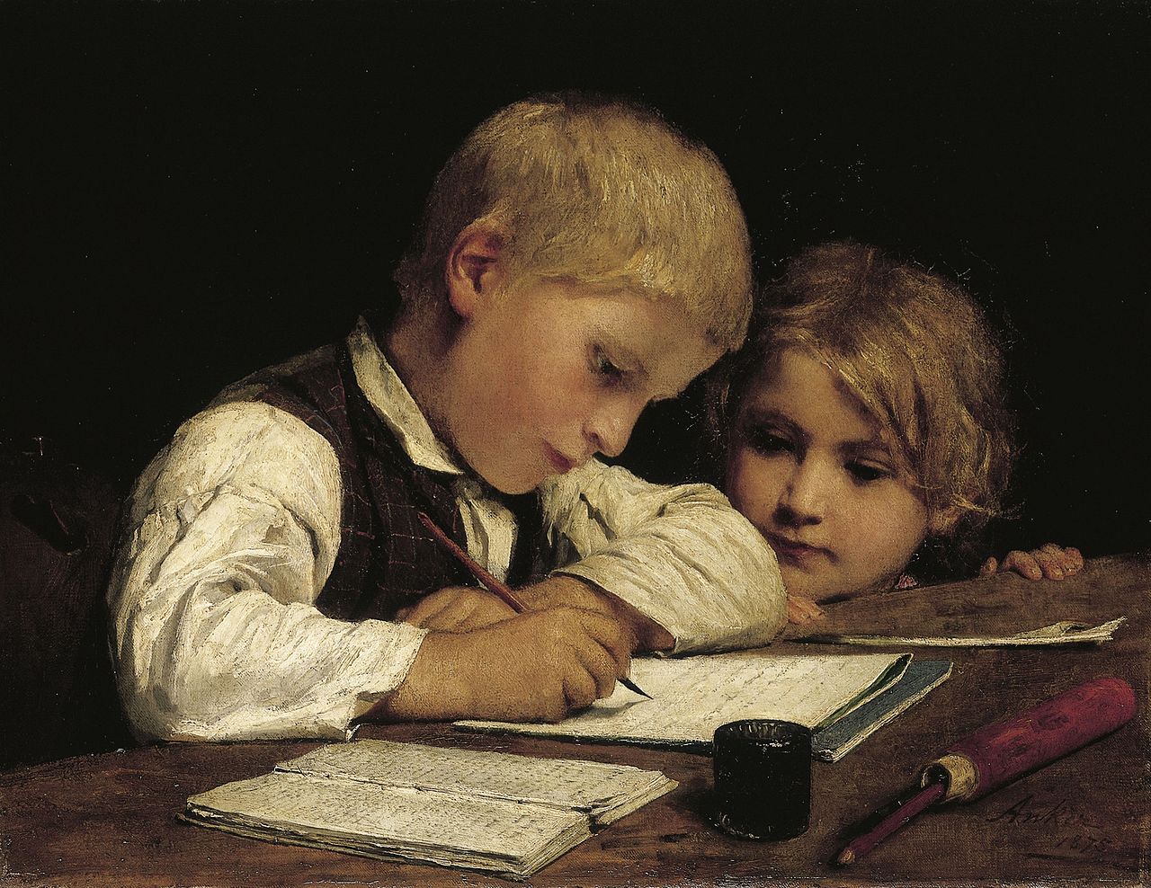 Painting of a boy writing with sister by Albrecht Anker