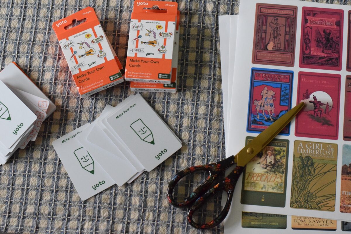 stack of blank make your own Yoto cards and book covers on sticker sheet. 