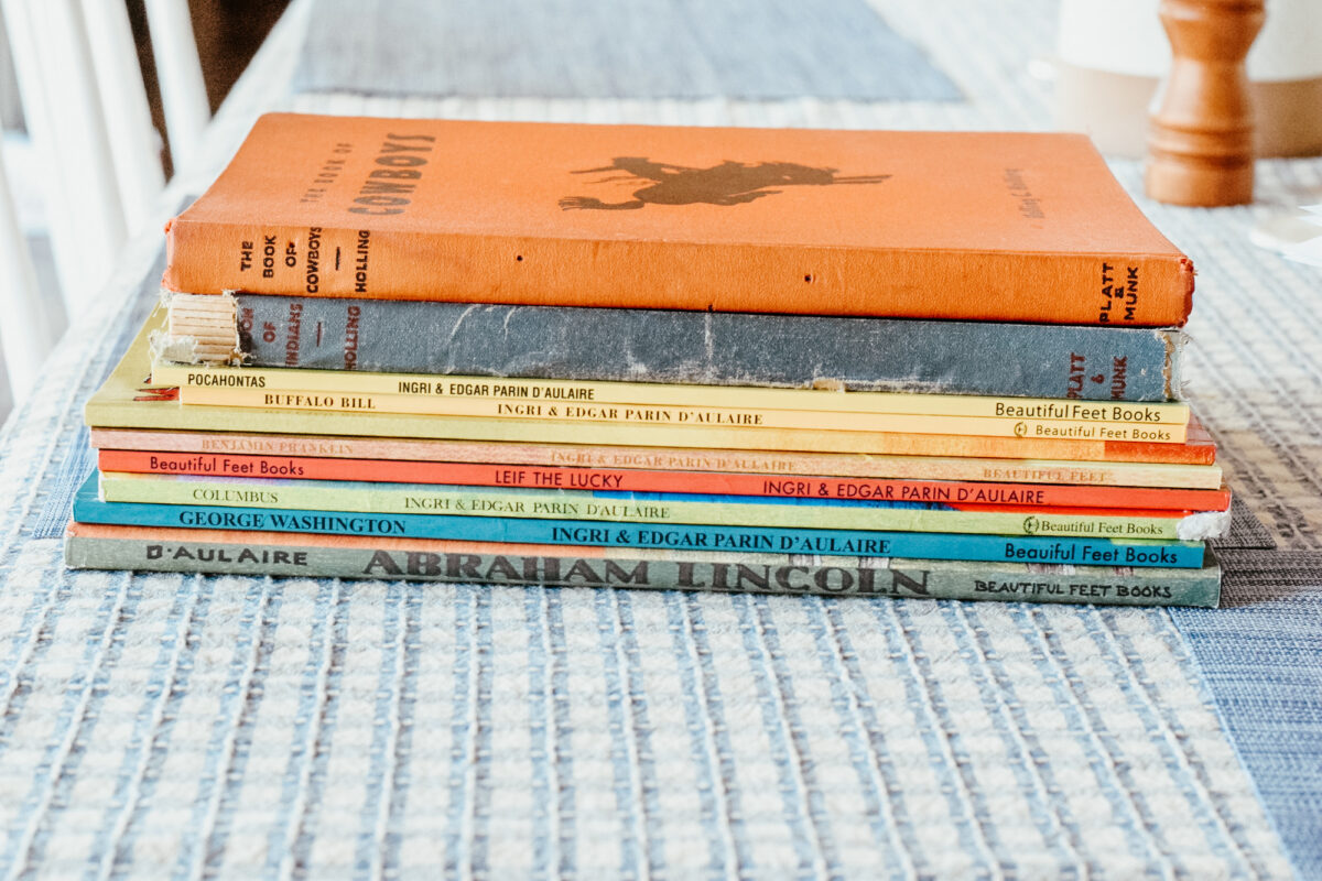 stack of 1st grade history biography and picture books.