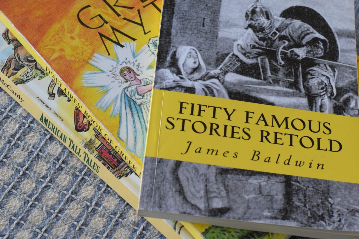 stack of myths and legend books on a table for year 1.