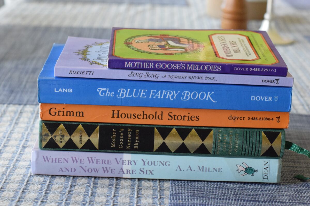 stack of year 1 poetry and fairy tales on a table. 