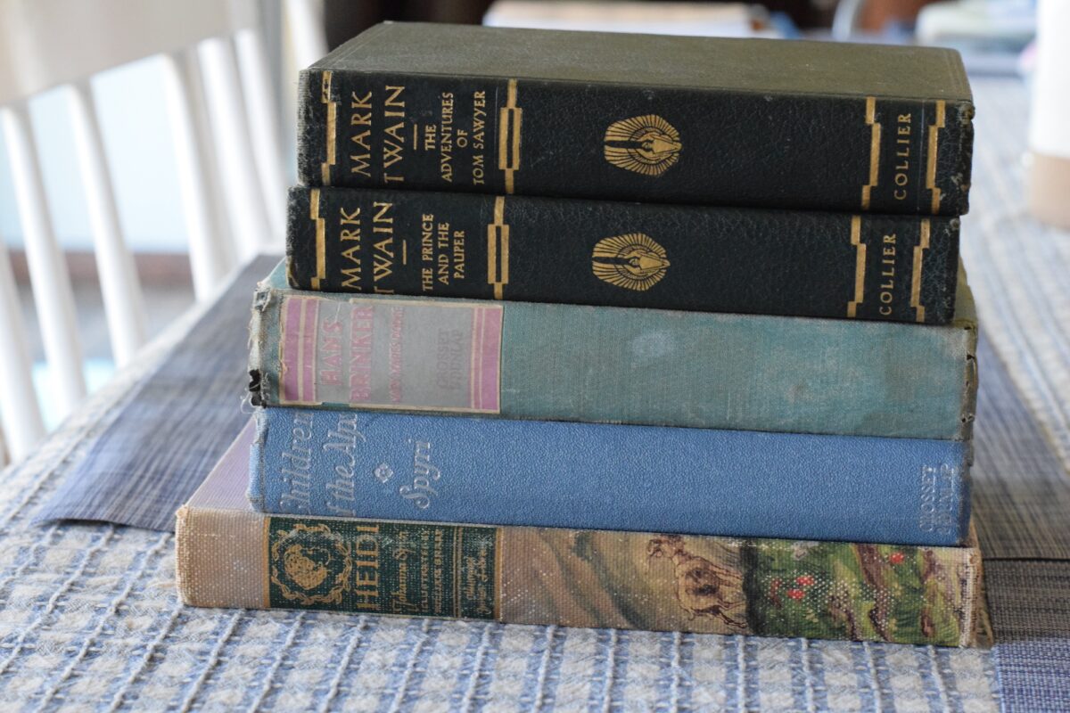 year 4 novels stacked on a table.