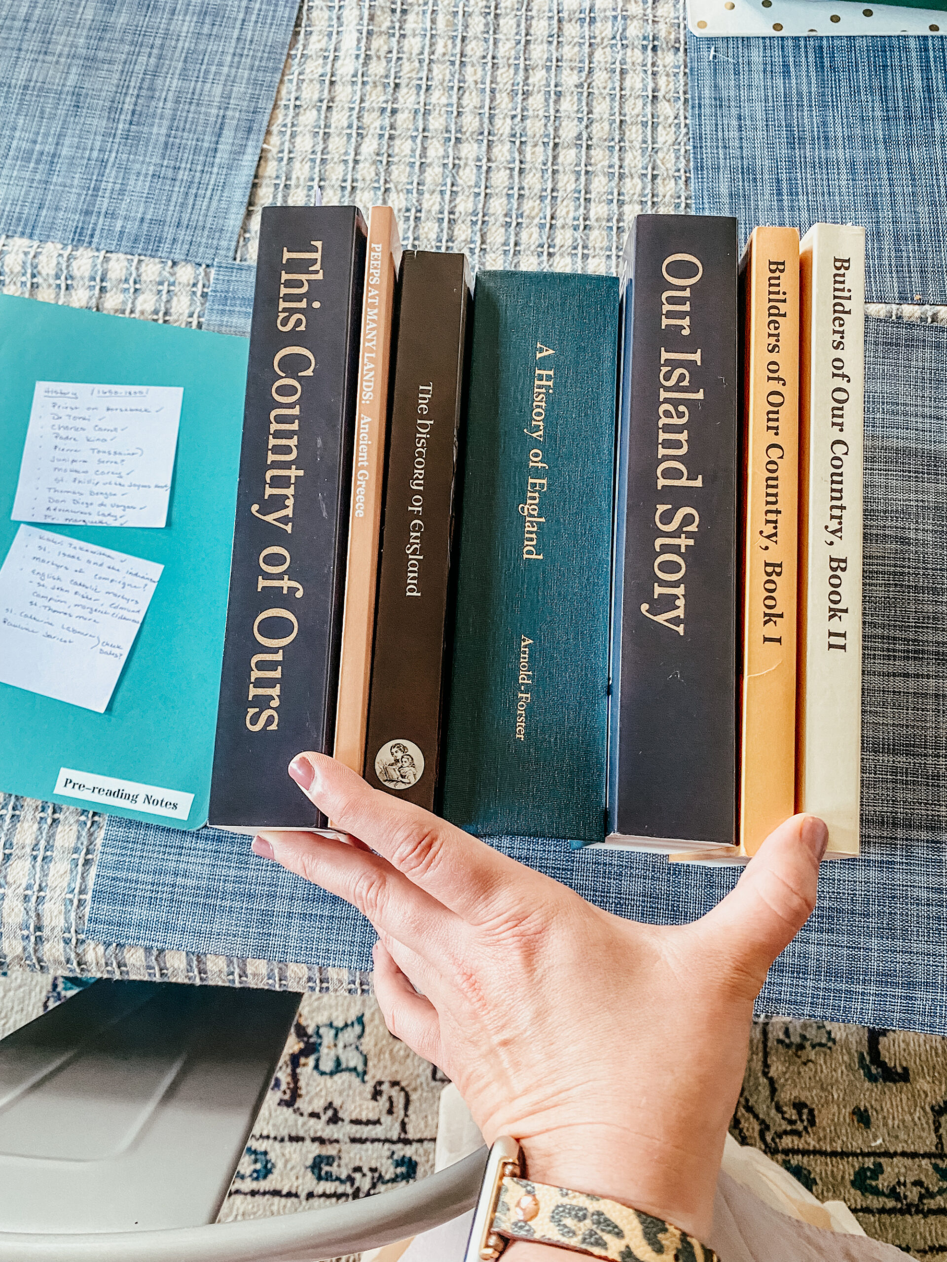 history books on a table showing the book spine.