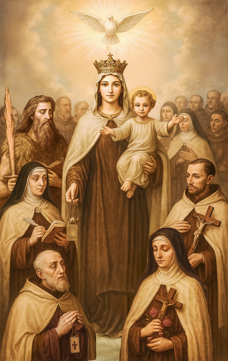 Image of Our Lady of Mount Carmel with Carmelite saints surrounding and the Holy Ghost above her.
