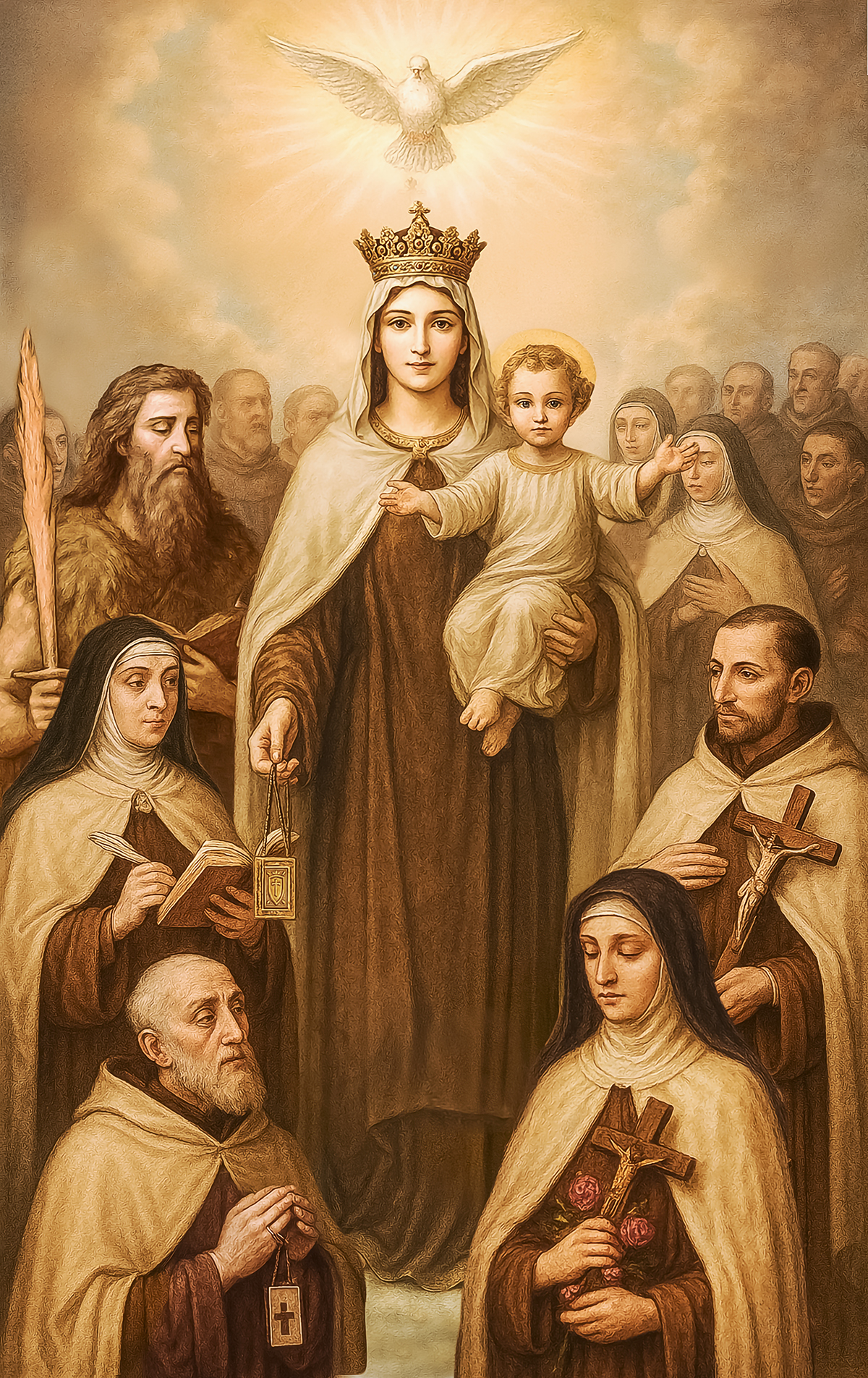 Image of Our Lady of Mount Carmel with Carmelite saints surrounding and the Holy Ghost above her.