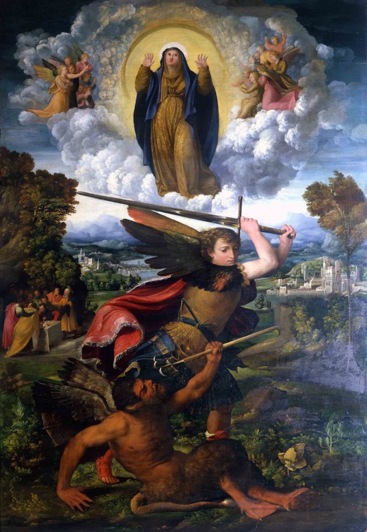 painting of the Blessed Virgin ascending into Heaven and St. Michael defeating satan. 