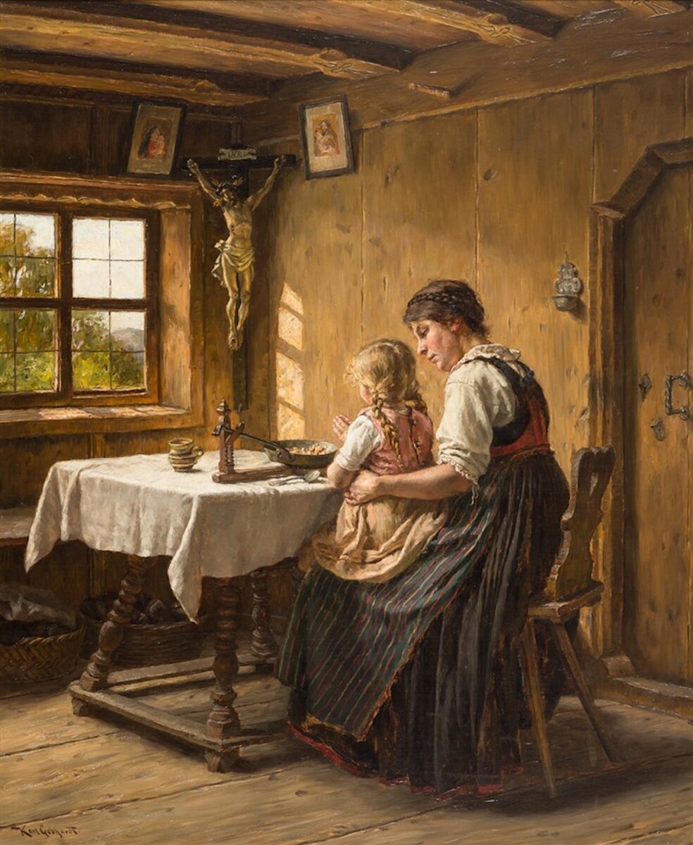 Painting of a mother and daughter at a dining table before a large crucifix. 