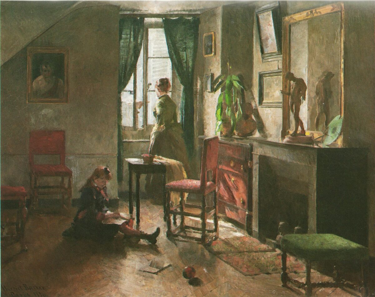 Painting of a mother looking out the window and a child reading on the floor.