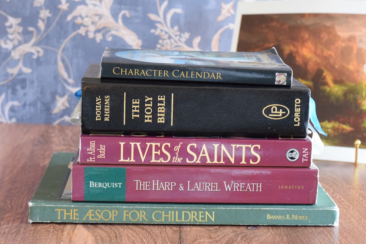 stack of morning time books on a table.