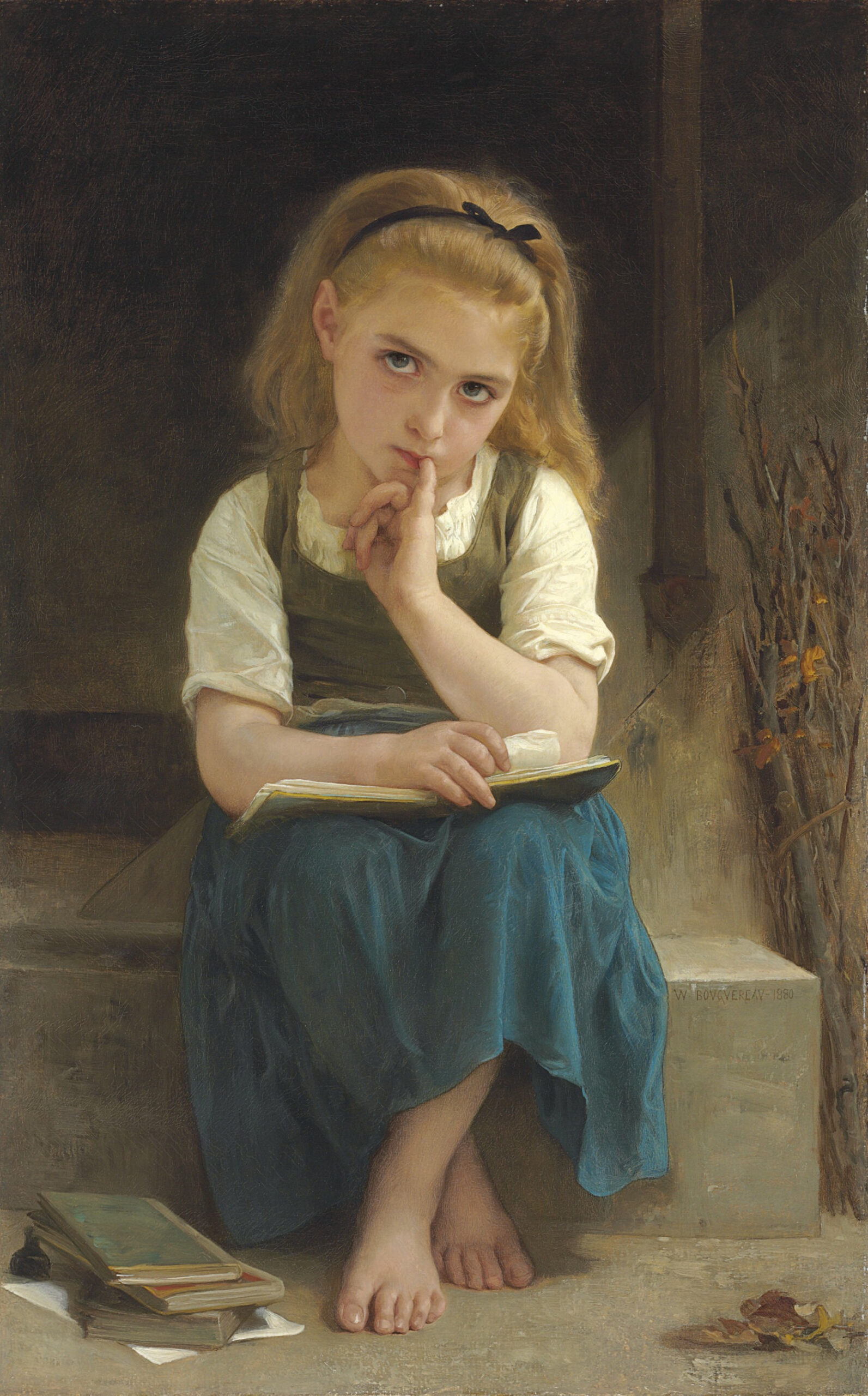 Painting of a little girl doing lessons by William-Adolphe Bouguereau