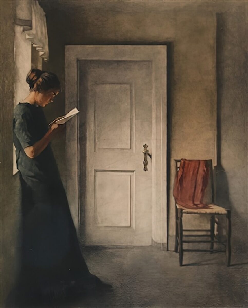 painting of a lady in a bedroom reading a book.