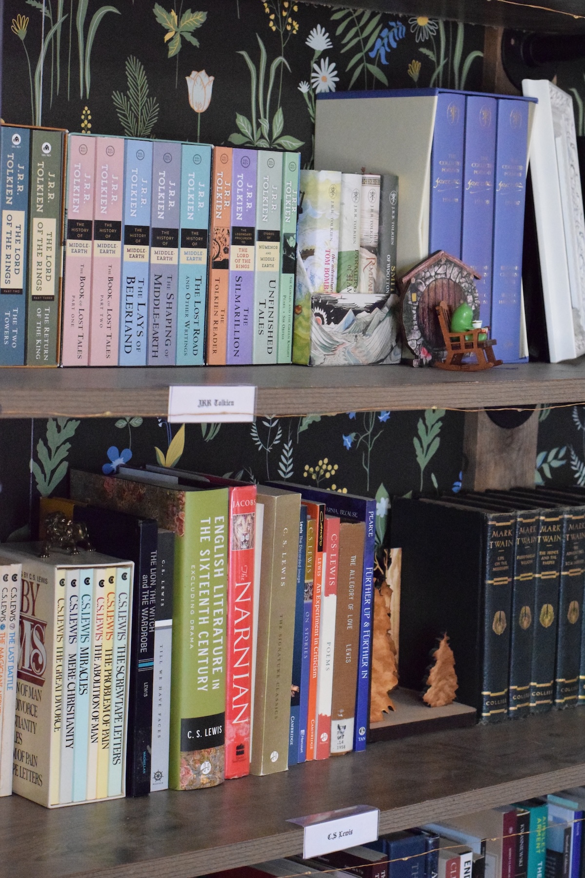 Tolkien and Lewis books on a bookshelf in the home library.