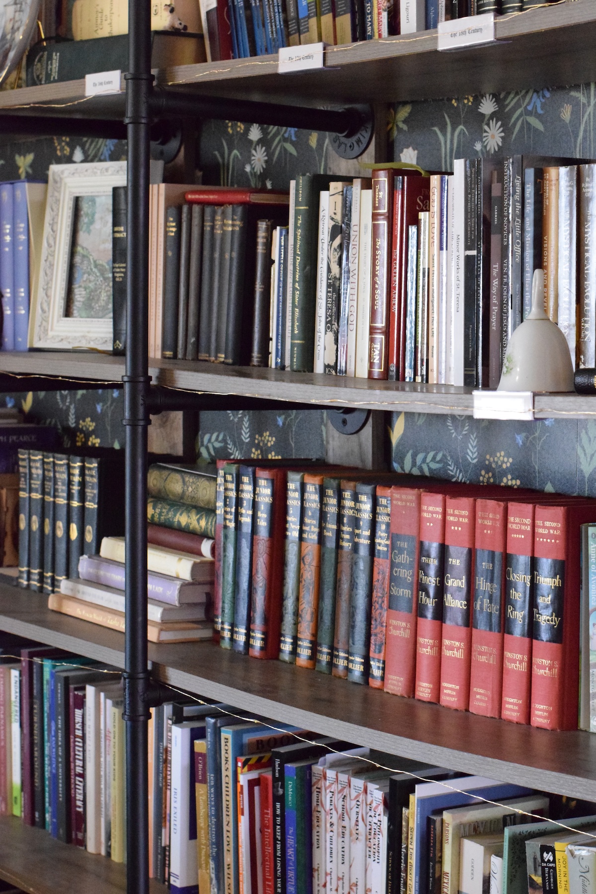 a variety of vintage books on a bookshelf.