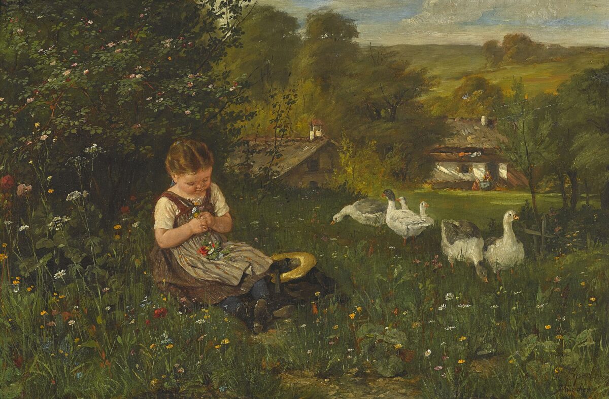 painting of a little girl in a grassy field by Johann Sperl