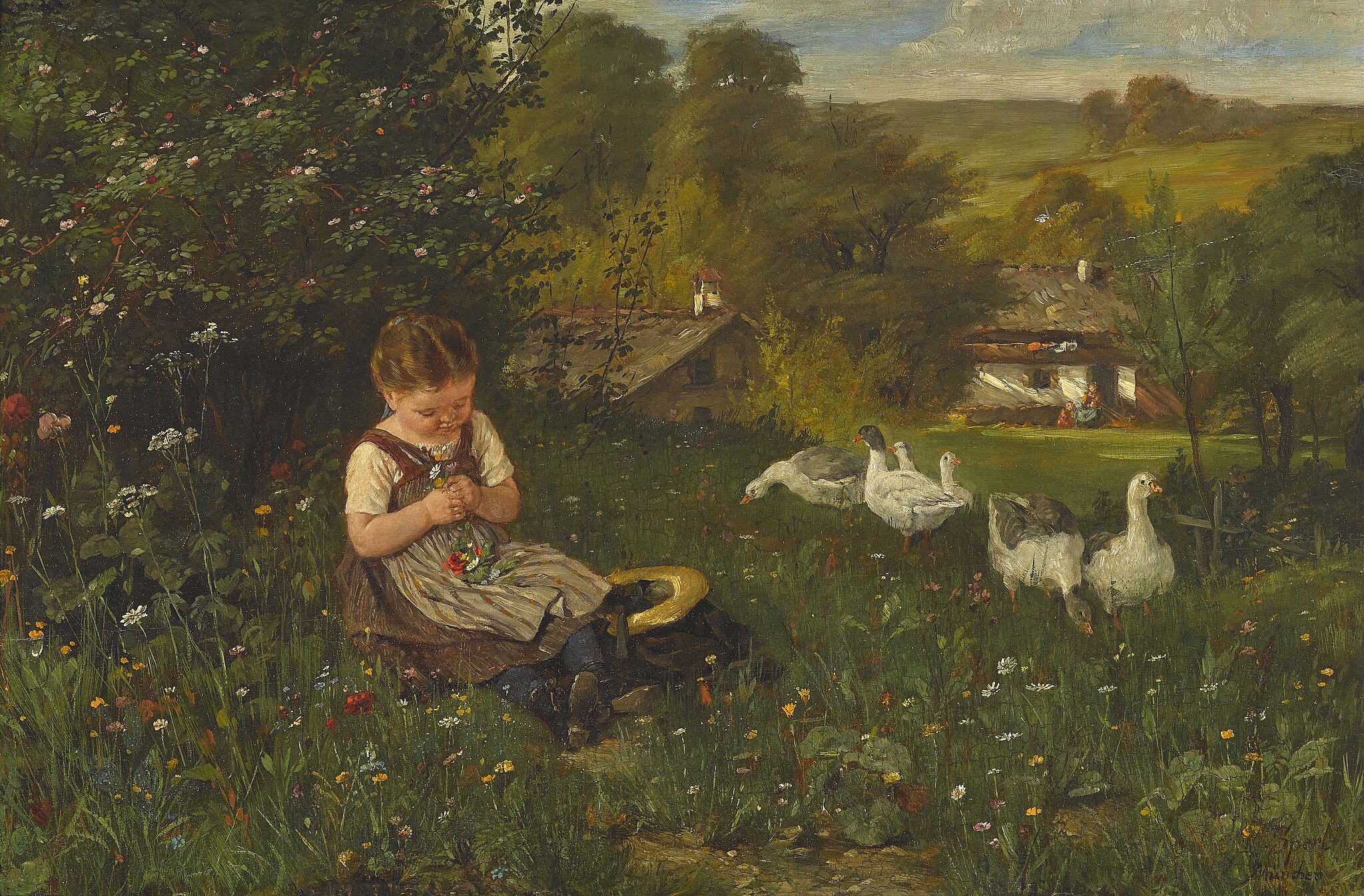 painting of a little girl in a grassy field by Johann Sperl