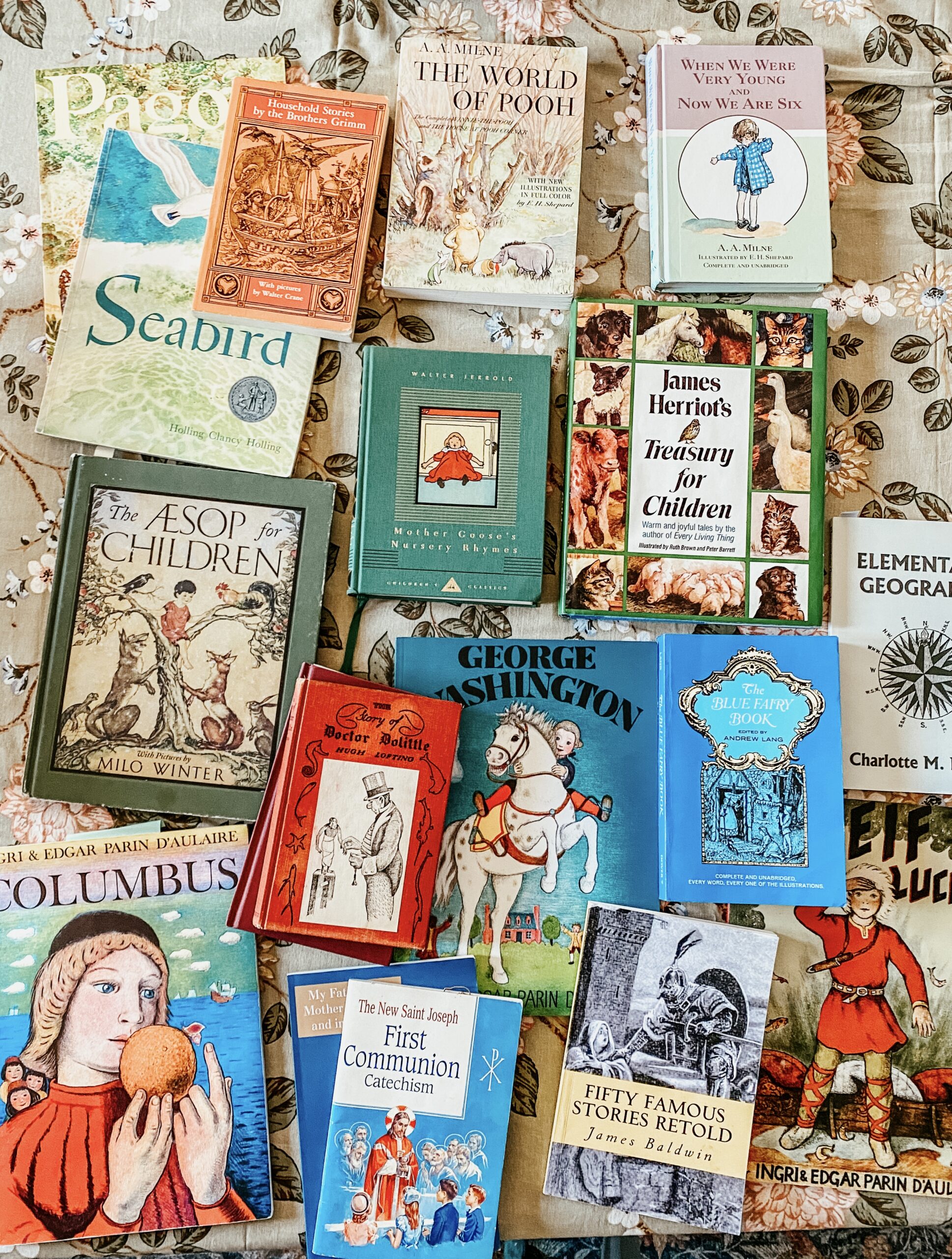 books for year one spread out over dining table.