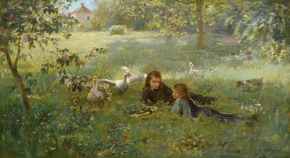 Painting of girls sitting in a field with trees, and geese nearby.