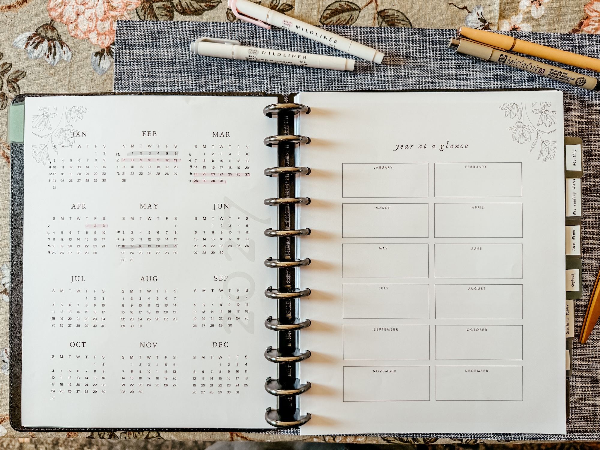 year at a glance pages in my teacher planner and logbook.