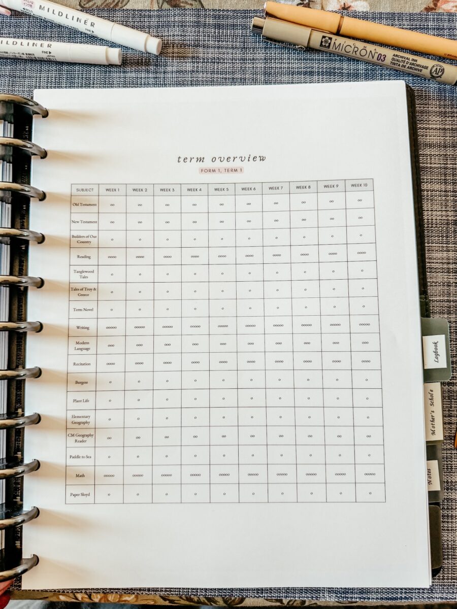 term overview pages in the teacher planner. 