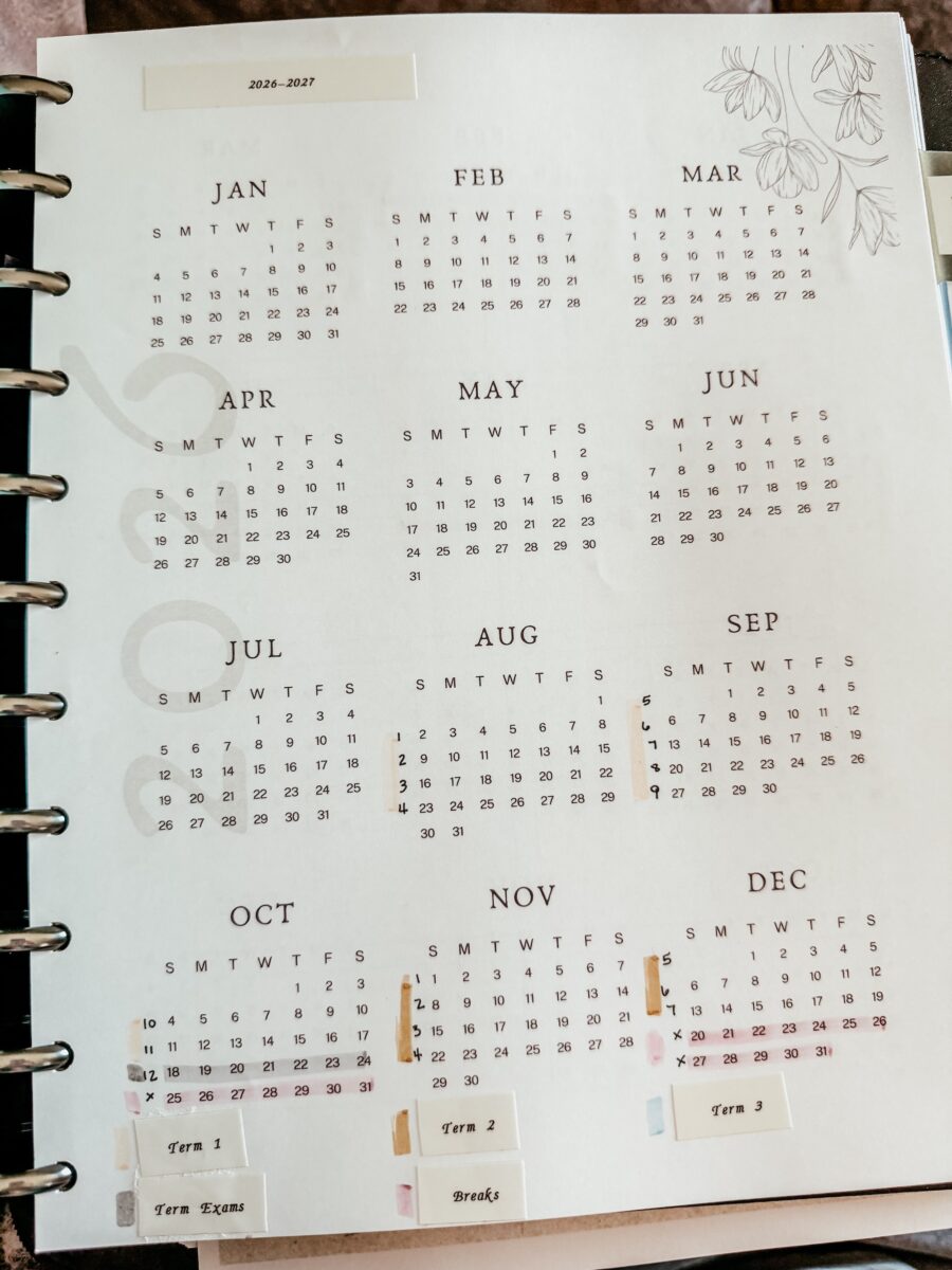2026 year at a glance page marked out with term plans for our year with The CMEC. 
