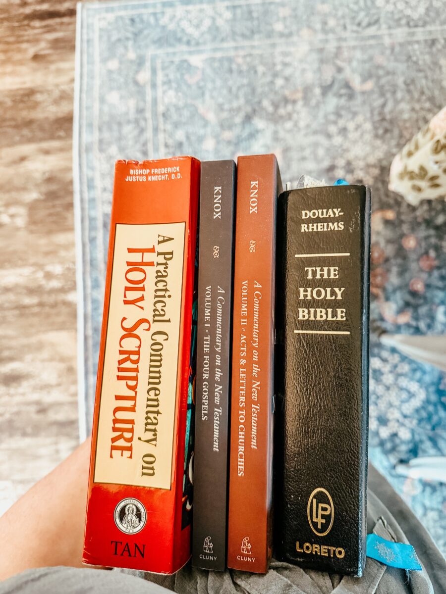 Book stack with a Bible and Commentaries.