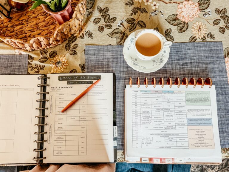 Two teacher planner books open with the one on the left displaying the logbook, and the one on the right displaying a page of the week's timetable.