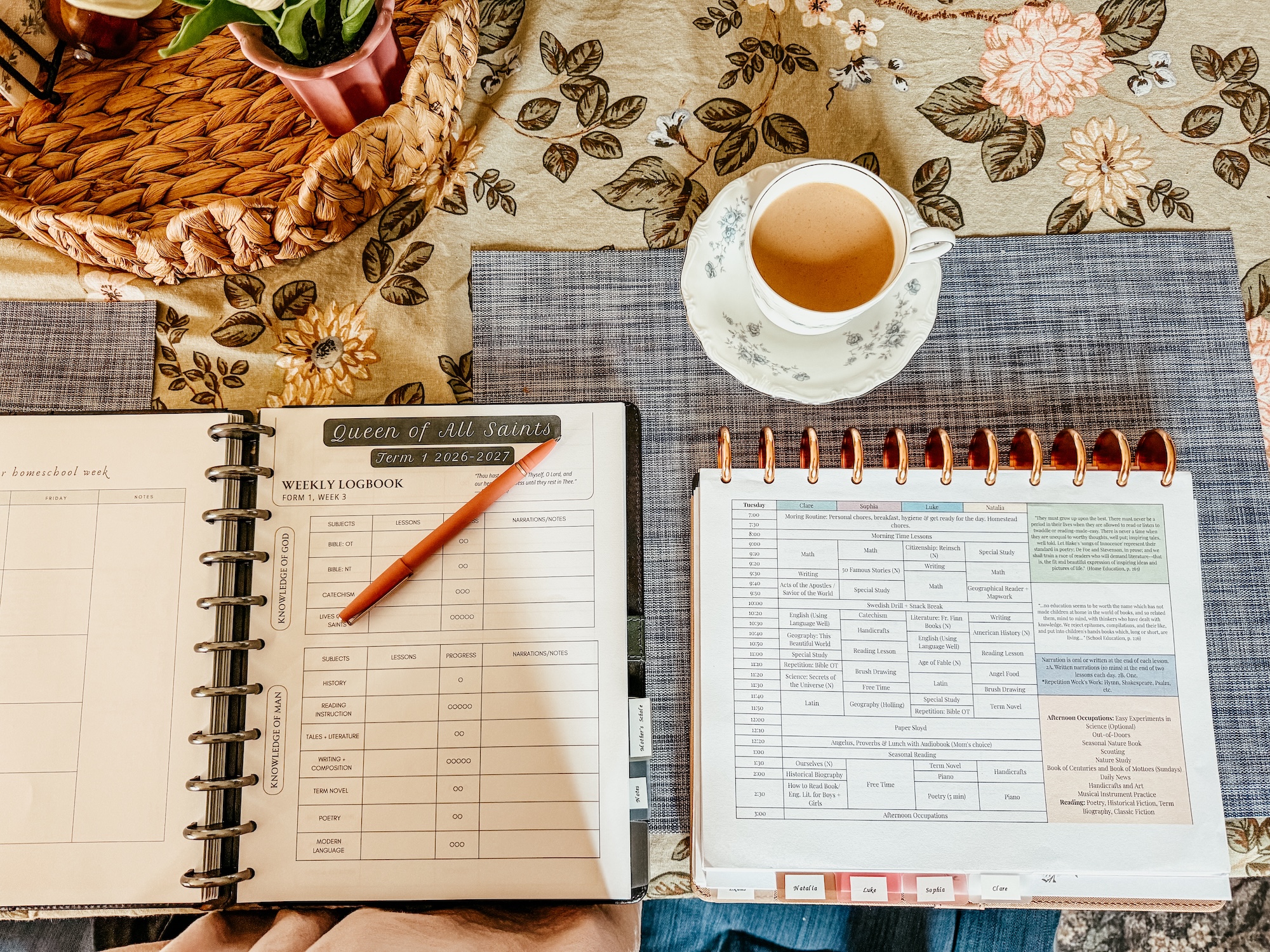 Two teacher planner books open with the one on the left displaying the logbook, and the one on the right displaying a page of the week's timetable.